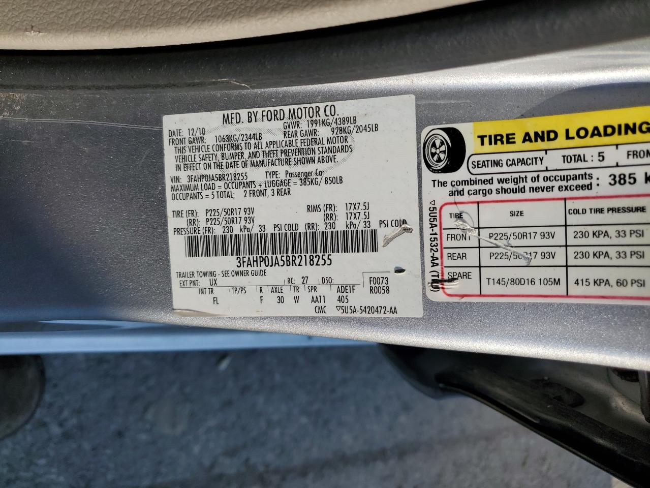 2011 Ford Fusion Sel VIN: 3FAHP0JA5BR218255 Lot: 63216554