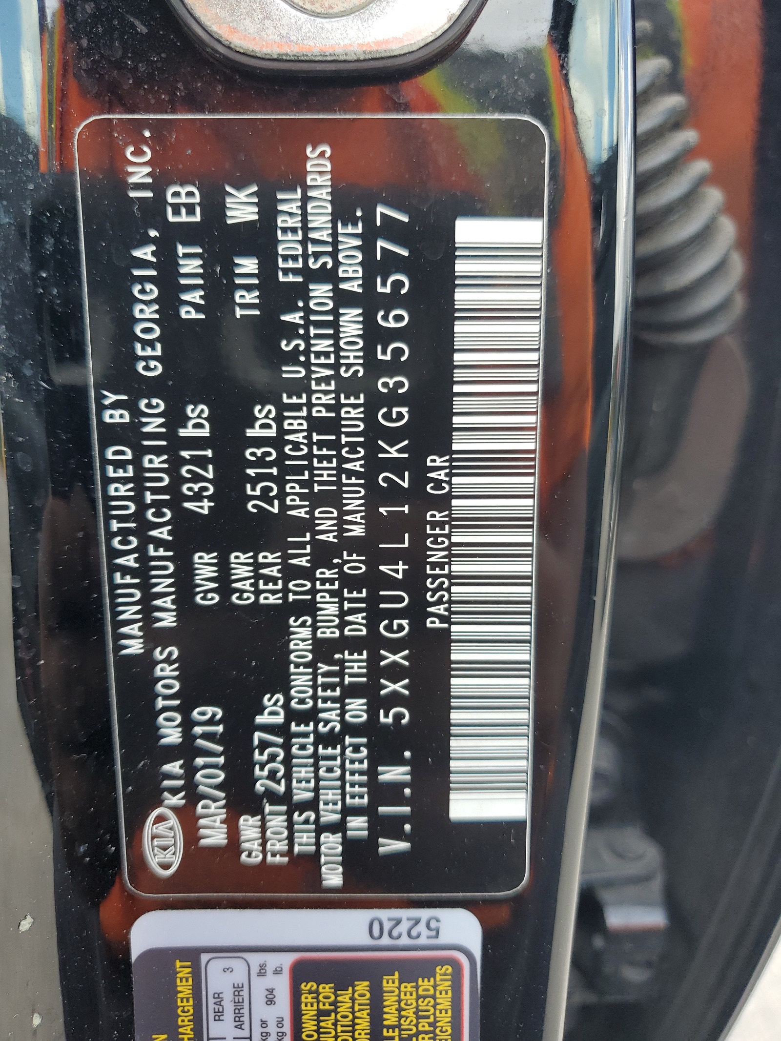 5XXGU4L12KG356577 2019 Kia Optima Ex