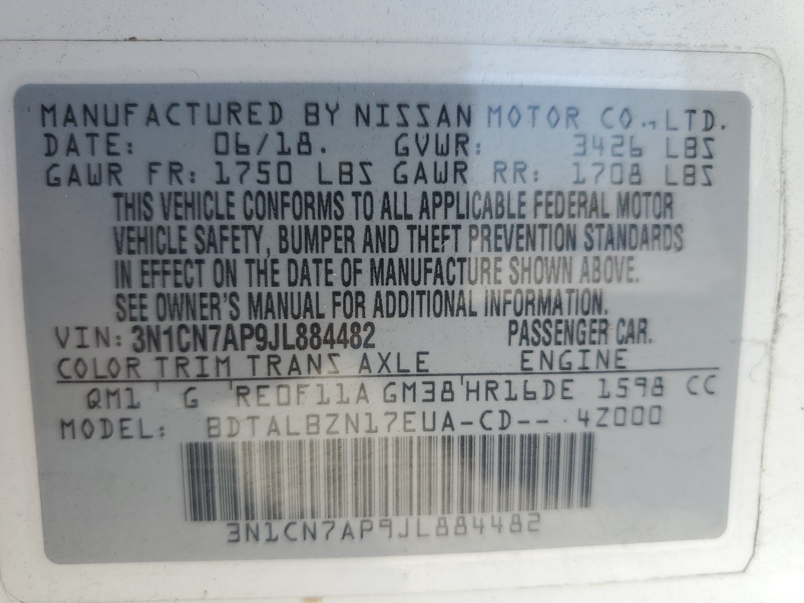 3N1CN7AP9JL884482 2018 Nissan Versa S