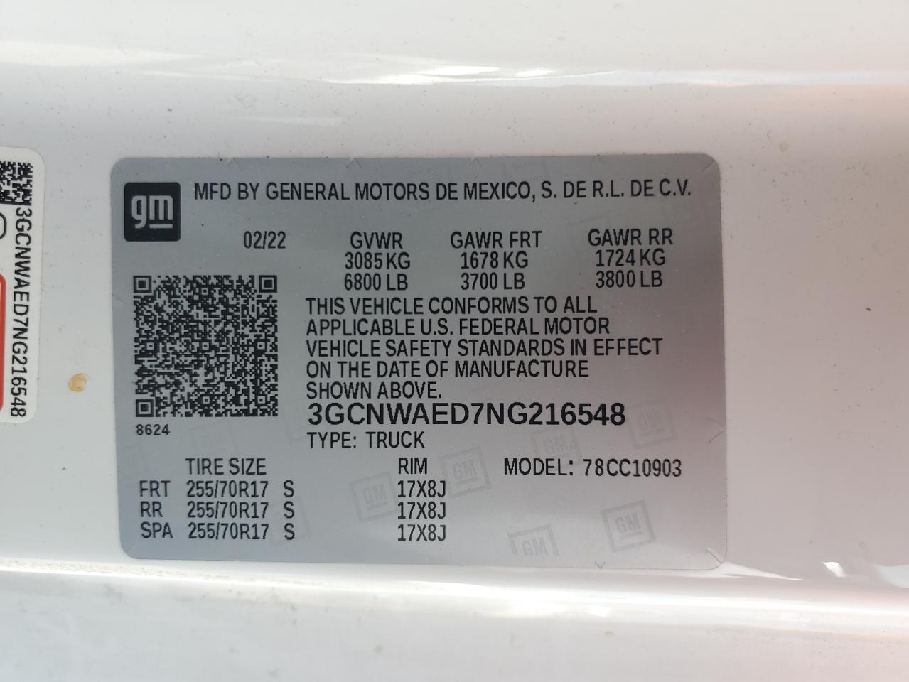 2022 Chevrolet Silverado Ltd C1500 VIN: 3GCNWAED7NG216548 Lot: 61877894