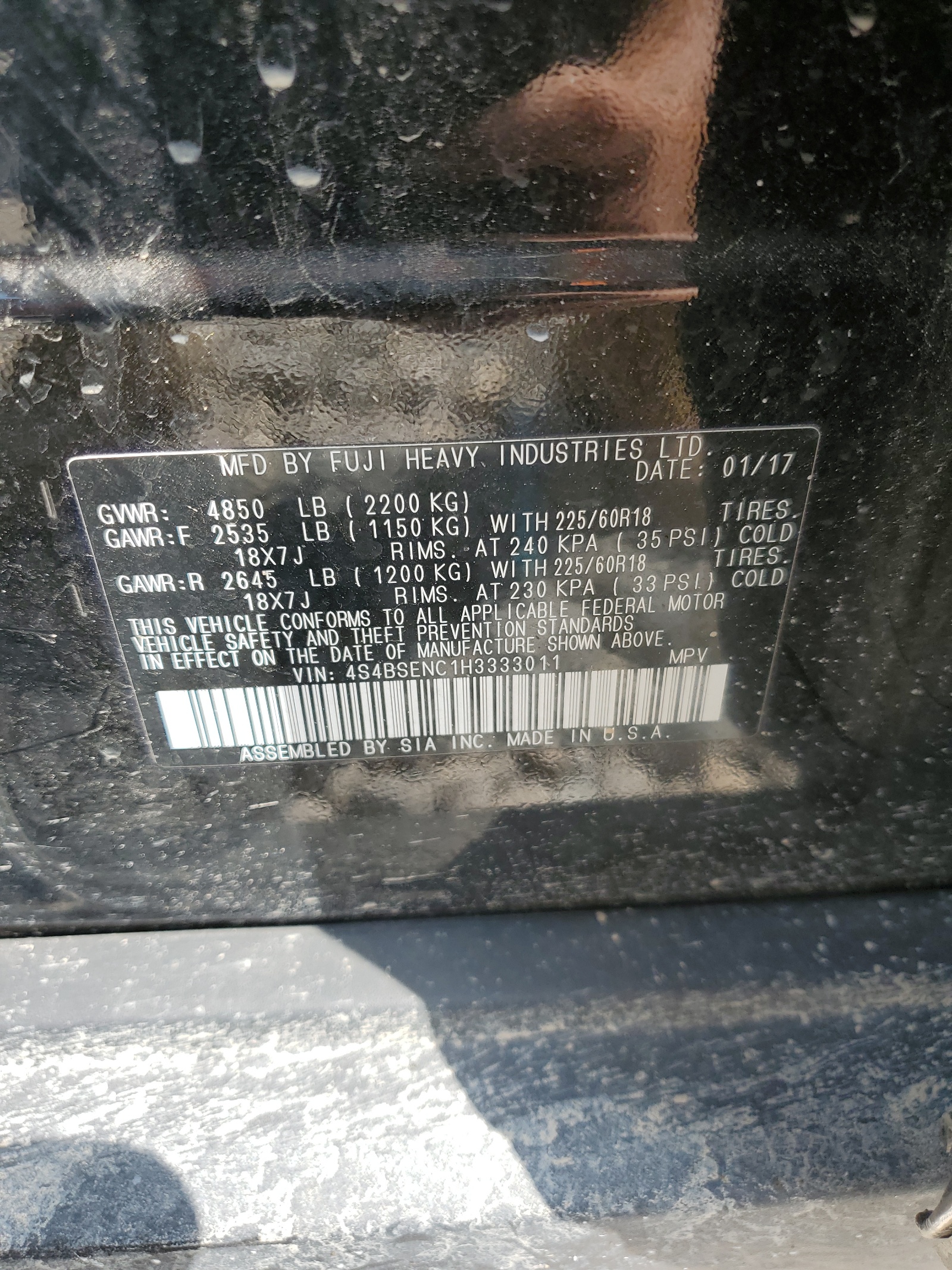 4S4BSENC1H3333011 2017 Subaru Outback 3.6R Limited