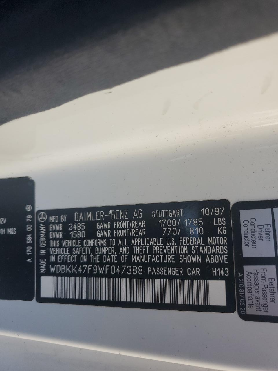 WDBKK47F9WF047388 1998 Mercedes-Benz Slk 230 Kompressor