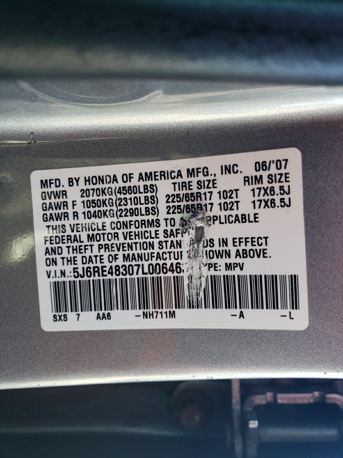 5J6RE48307L006463 2007 Honda Cr-V Lx