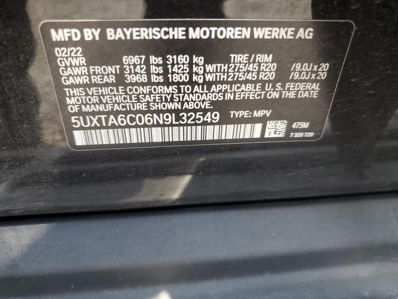 2022 BMW X5 xDrive45E VIN: 5UXTA6C06N9L32549 Lot: 62400224