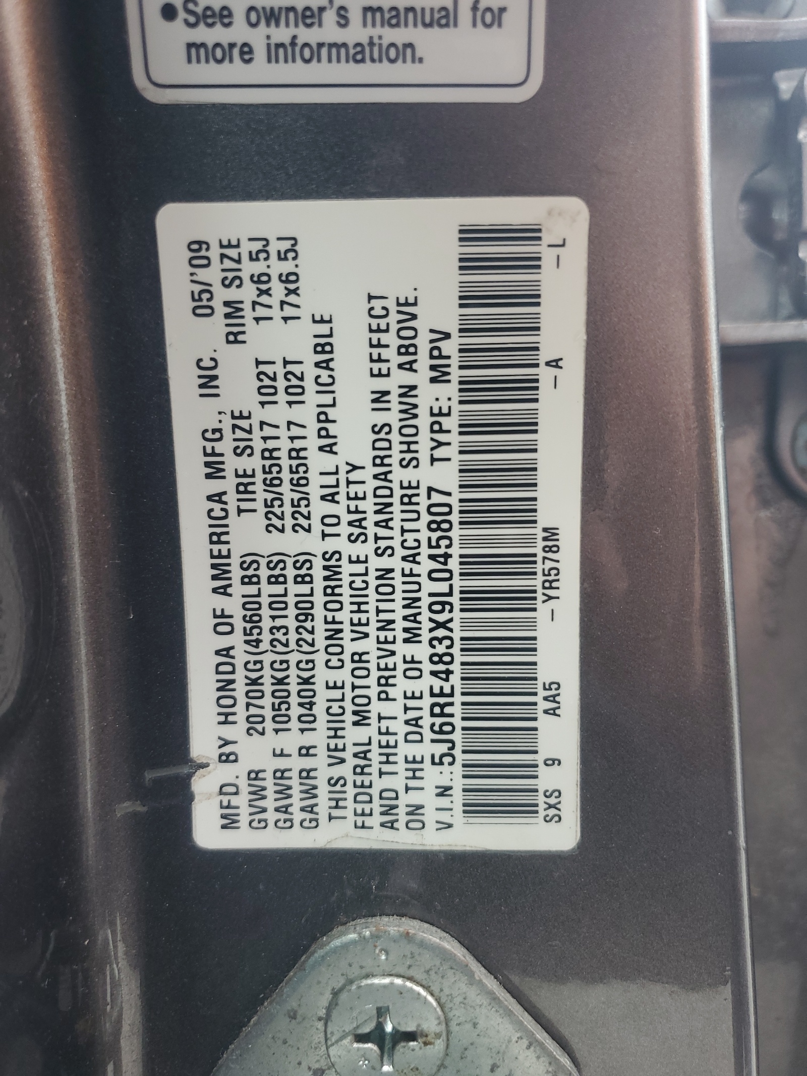 5J6RE483X9L045807 2009 Honda Cr-V Lx