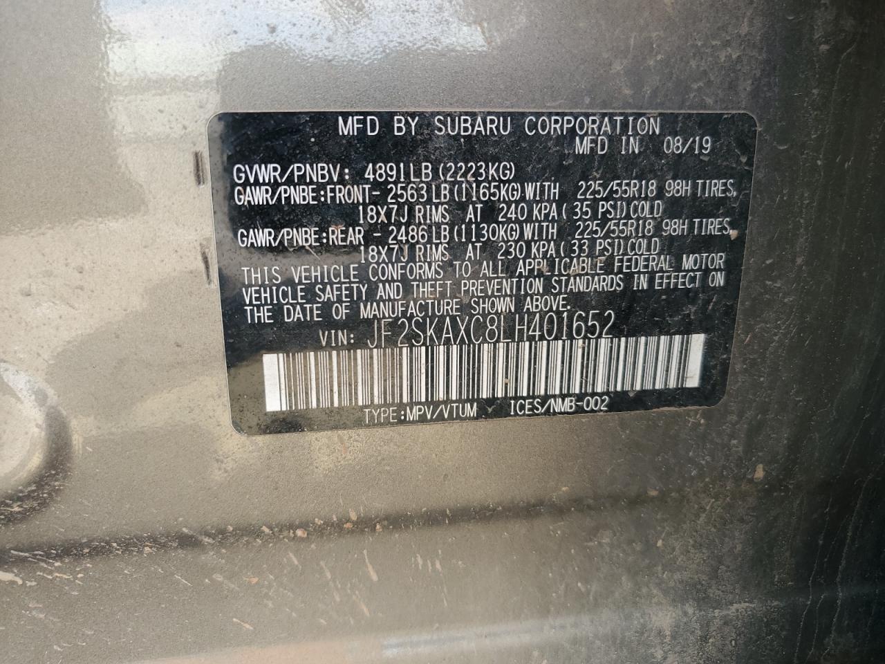 2020 Subaru Forester Touring VIN: JF2SKAXC8LH401652 Lot: 63129894