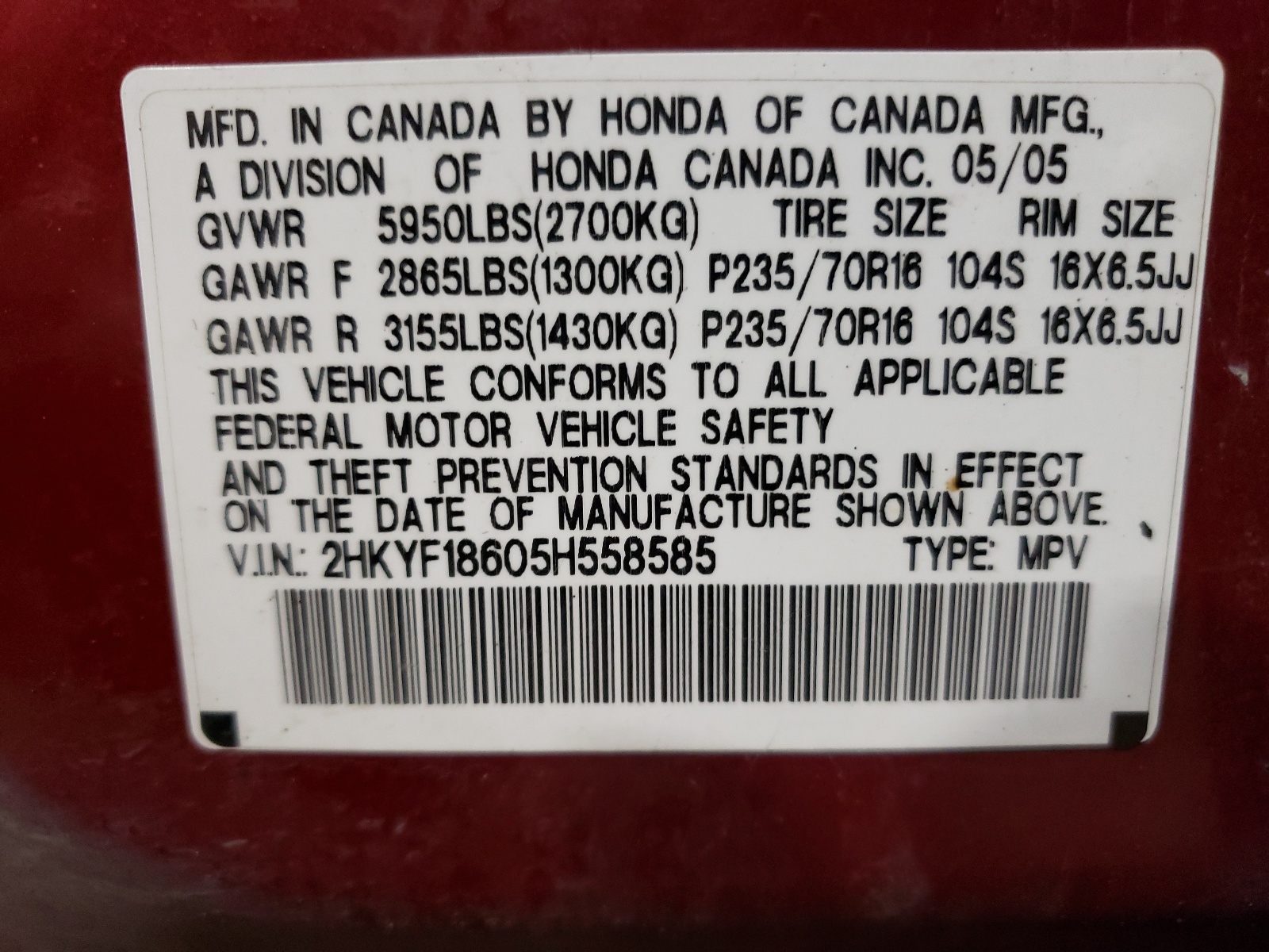 2HKYF18605H558585 2005 Honda Pilot Exl