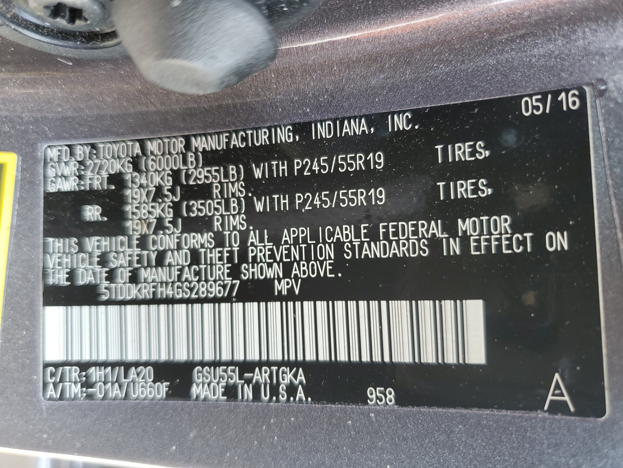 5TDDKRFH4GS289677 2016 Toyota Highlander Limited