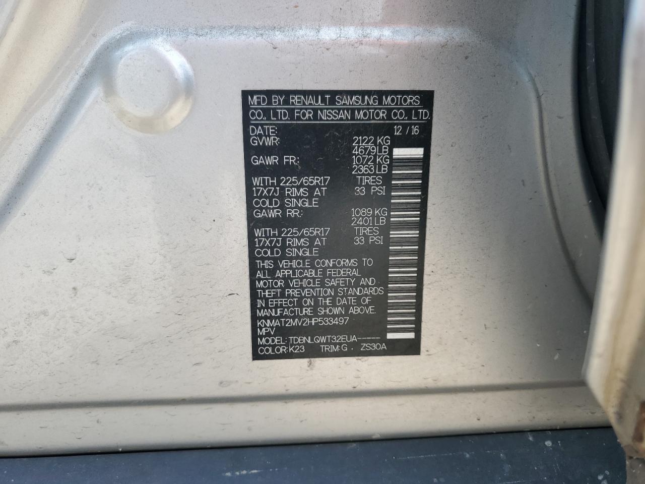 2017 Nissan Rogue S VIN: KNMAT2MV2HP533497 Lot: 64862324