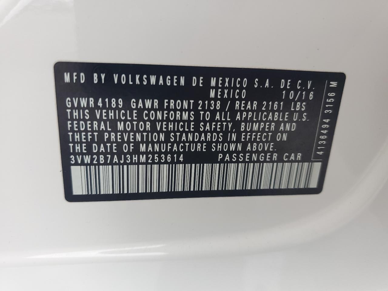 2017 Volkswagen Jetta S VIN: 3VW2B7AJ3HM253614 Lot: 62523214