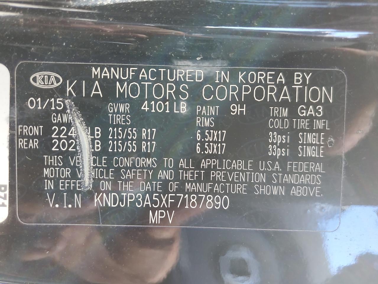 2015 Kia Soul + VIN: KNDJP3A5XF7187890 Lot: 63140014