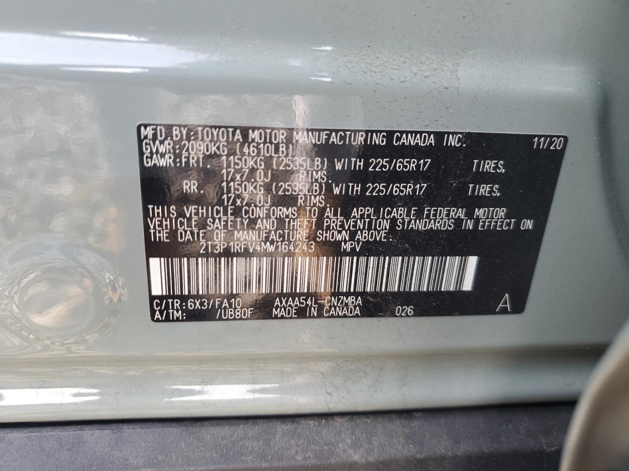 2T3P1RFV4MW164243 2021 Toyota Rav4 Xle