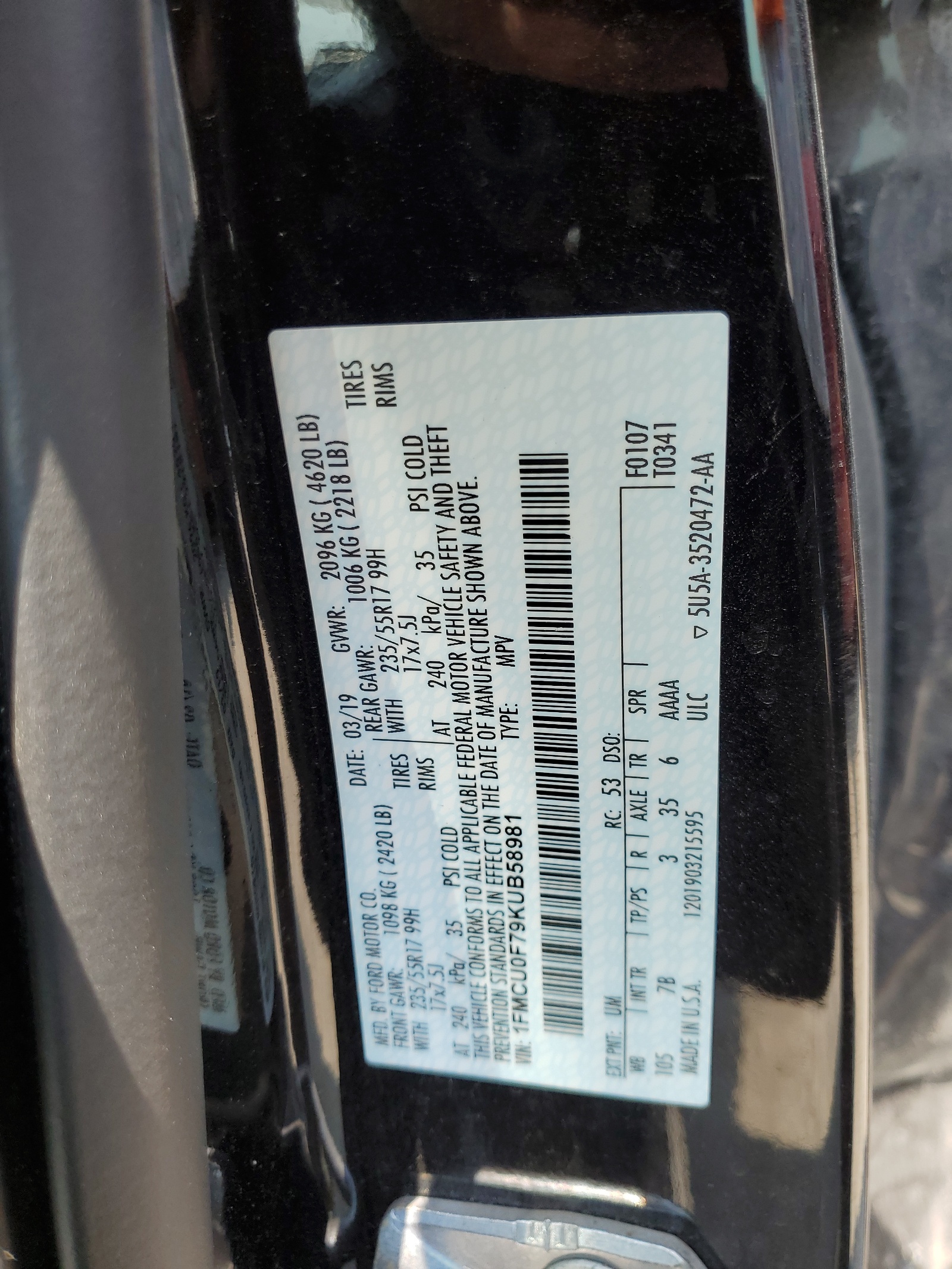 1FMCU0F79KUB58981 2019 Ford Escape S