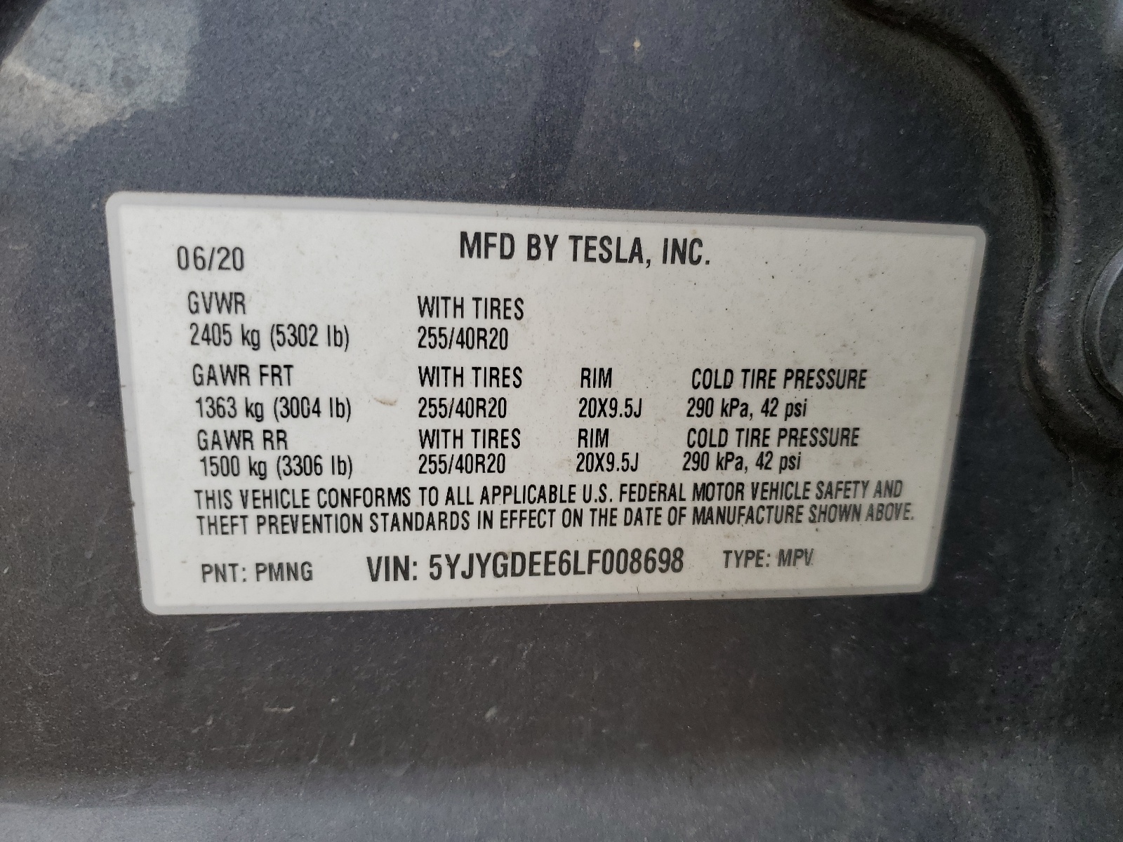 5YJYGDEE6LF008698 2020 Tesla Model Y