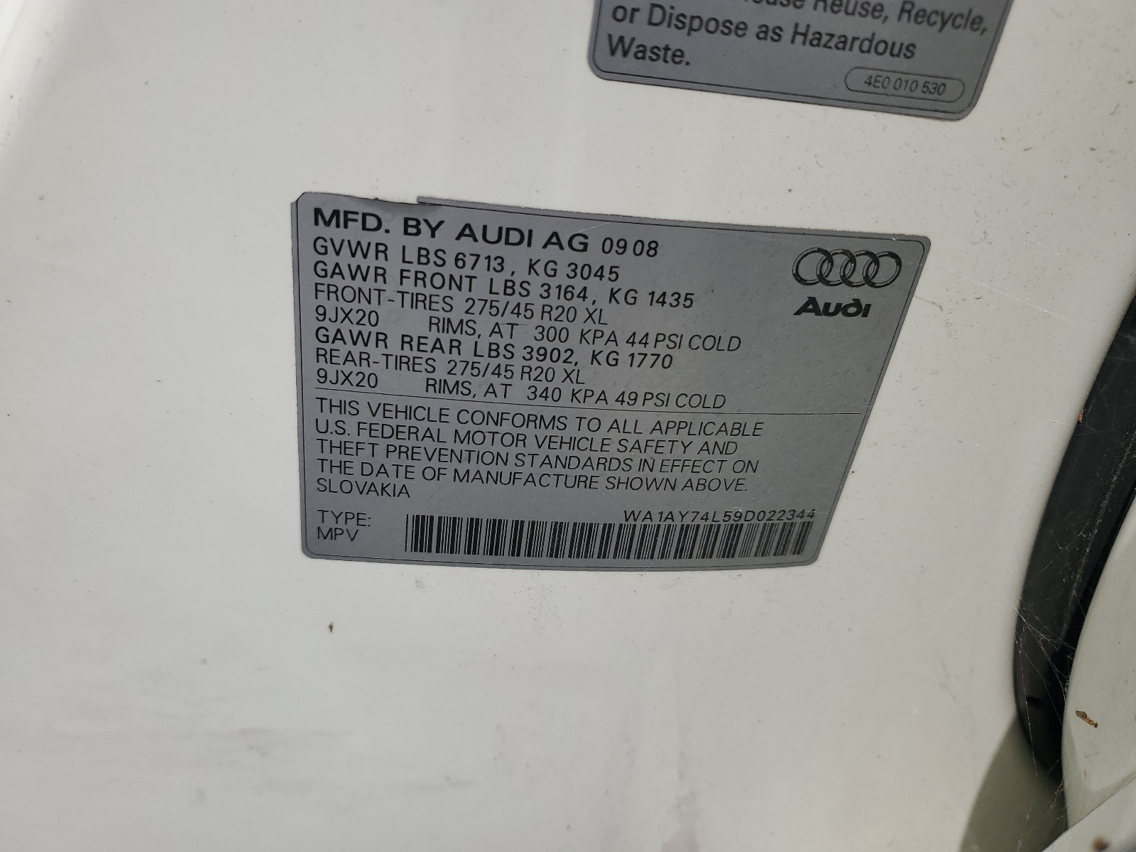 WA1AY74L59D022344 2009 Audi Q7 3.6 Quattro