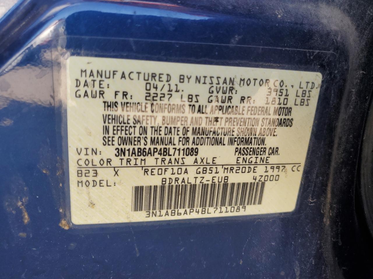 2011 Nissan Sentra 2.0 VIN: 3N1AB6AP4BL711089 Lot: 62019004