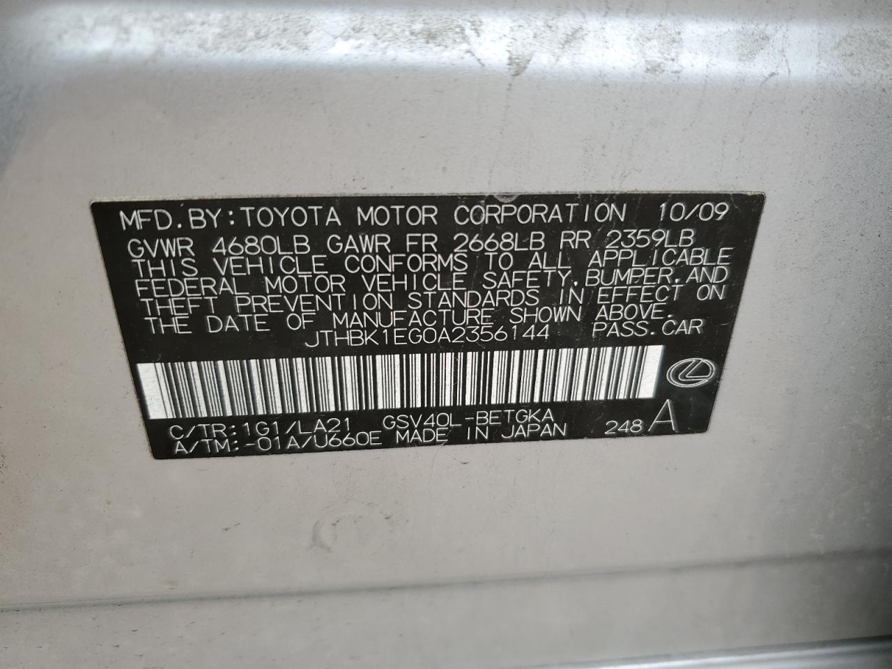 2010 Lexus Es 350 VIN: JTHBK1EG0A2356144 Lot: 64690164