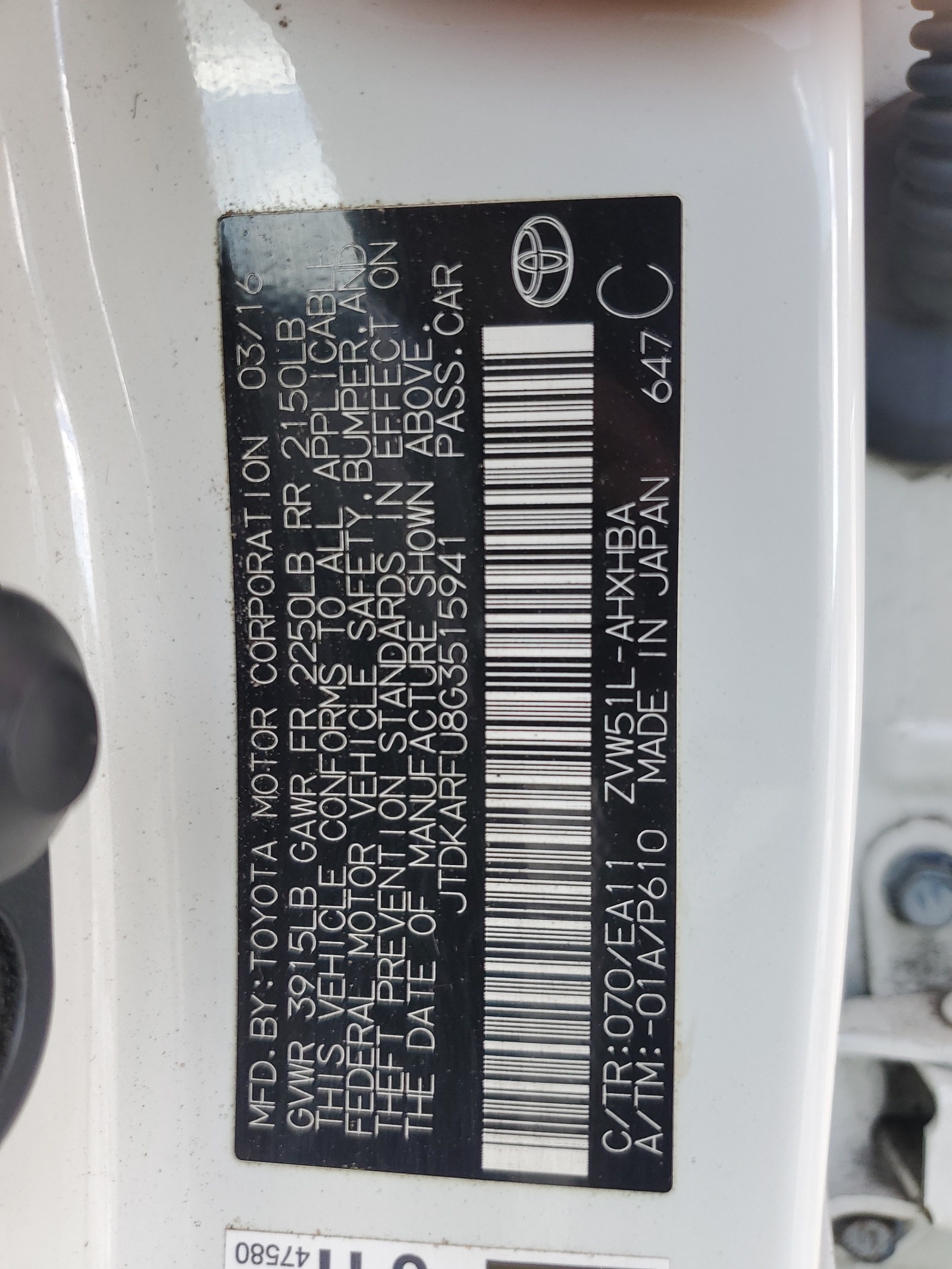 JTDKARFU8G3515941 2016 Toyota Prius