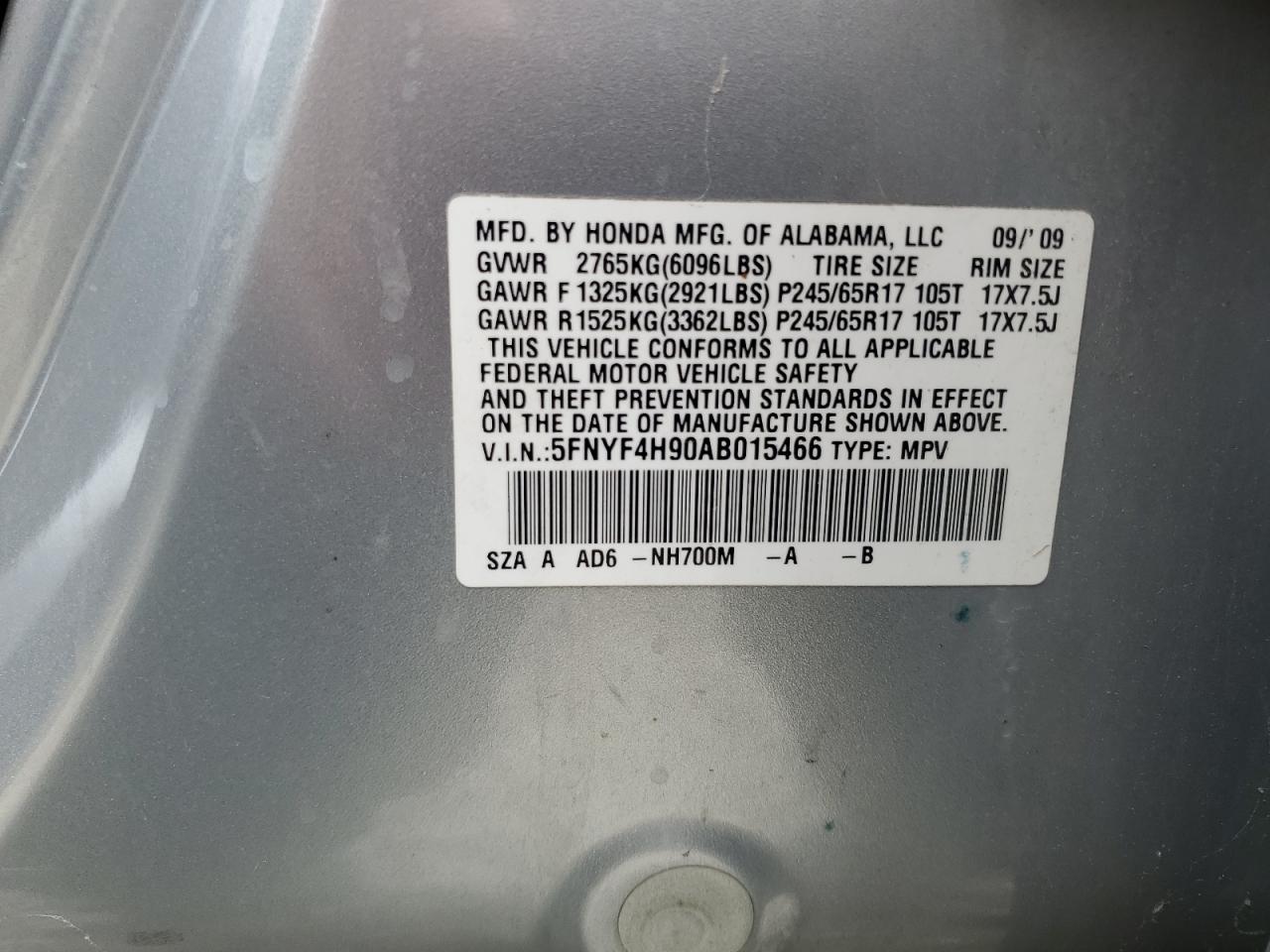 2010 Honda Pilot Touring VIN: 5FNYF4H90AB015466 Lot: 64189104