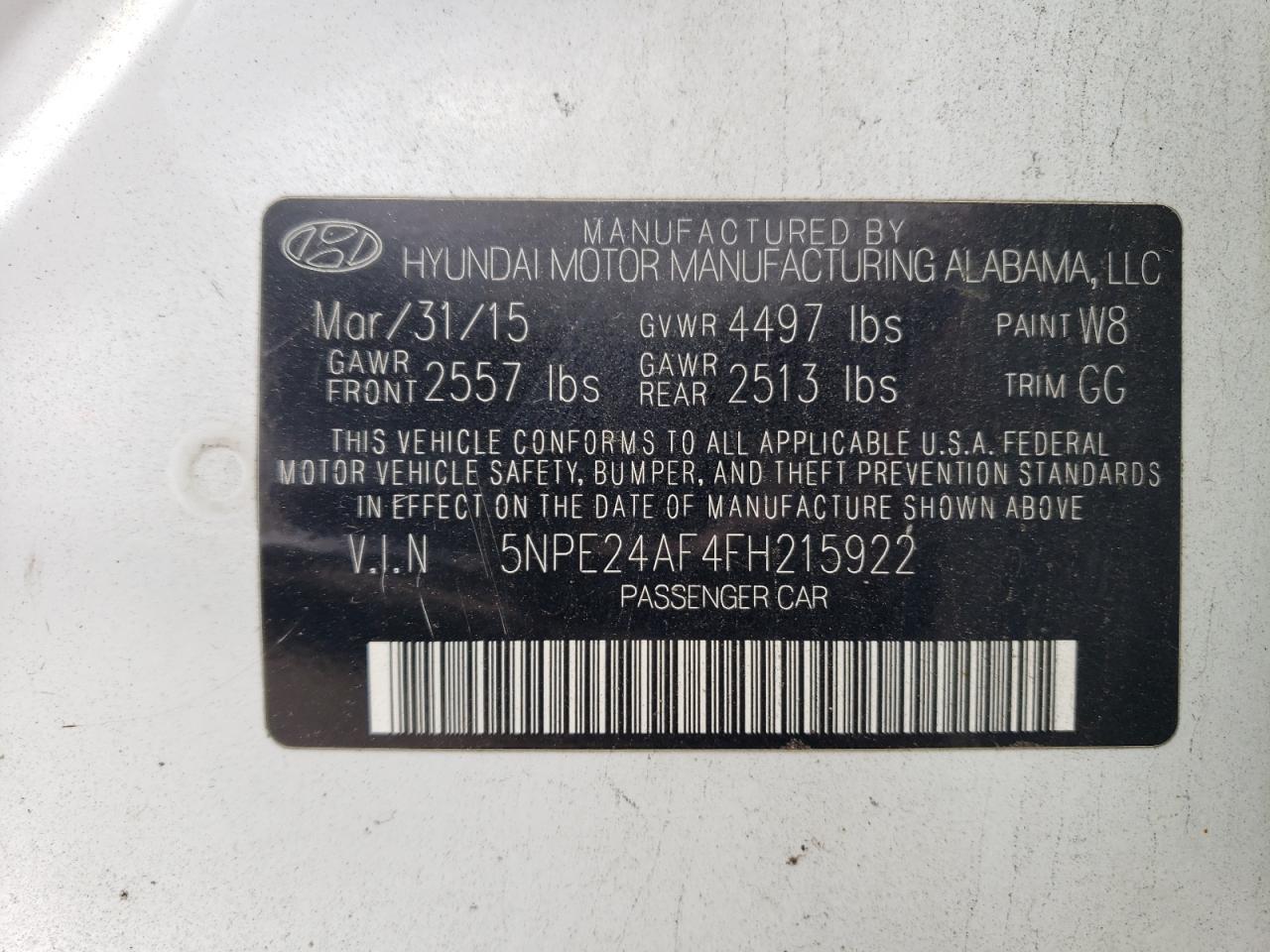 2015 Hyundai Sonata Se VIN: 5NPE24AF4FH215922 Lot: 61818814
