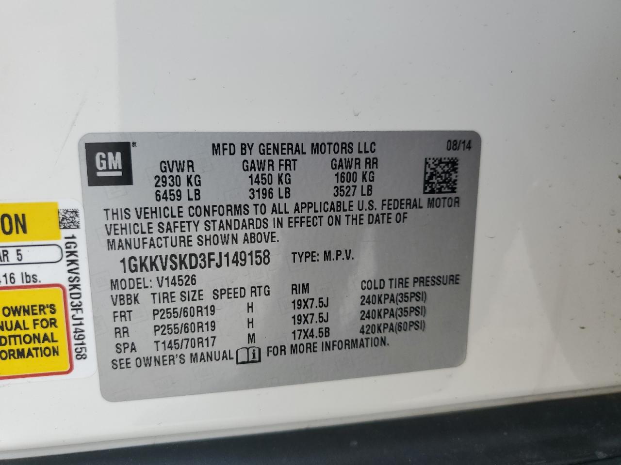 2015 GMC Acadia Slt-2 VIN: 1GKKVSKD3FJ149158 Lot: 64945064