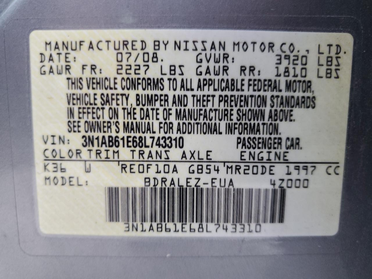 3N1AB61E68L743310 2008 Nissan Sentra 2.0