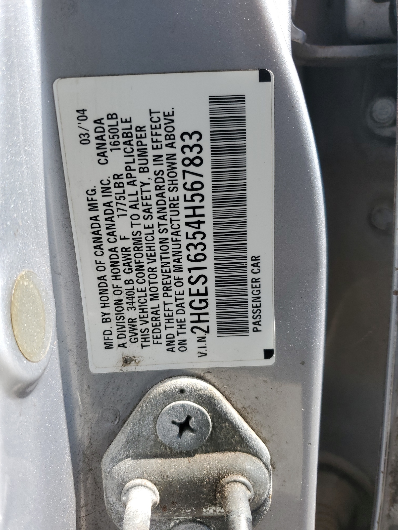 2HGES16354H567833 2004 Honda Civic Dx Vp