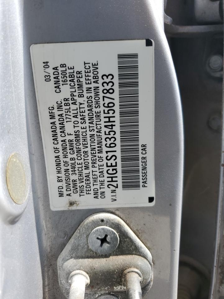 2004 Honda Civic Dx Vp VIN: 2HGES16354H567833 Lot: 65229094