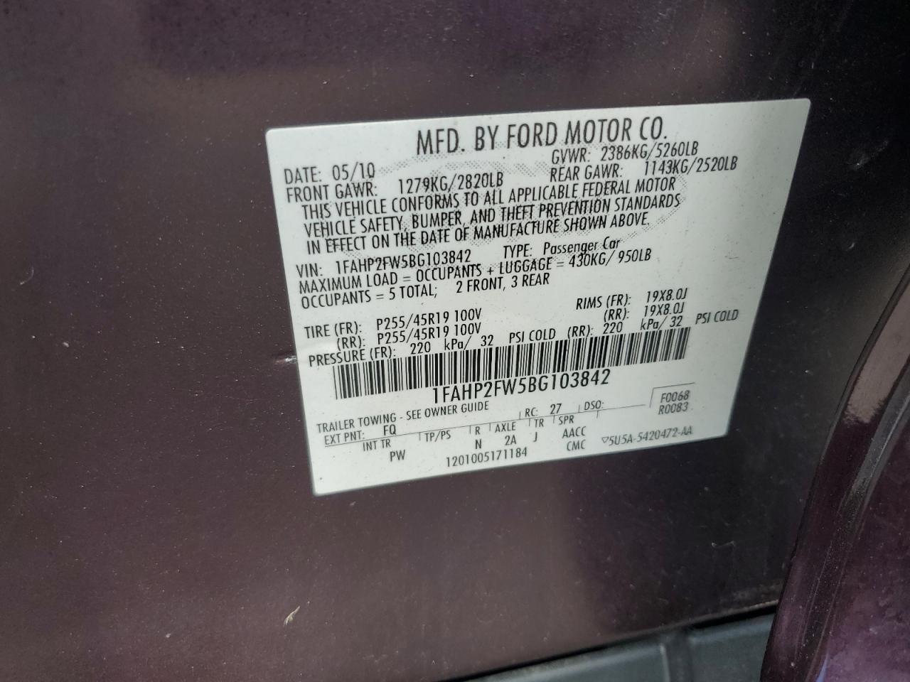 2011 Ford Taurus Limited VIN: 1FAHP2FW5BG103842 Lot: 61708534