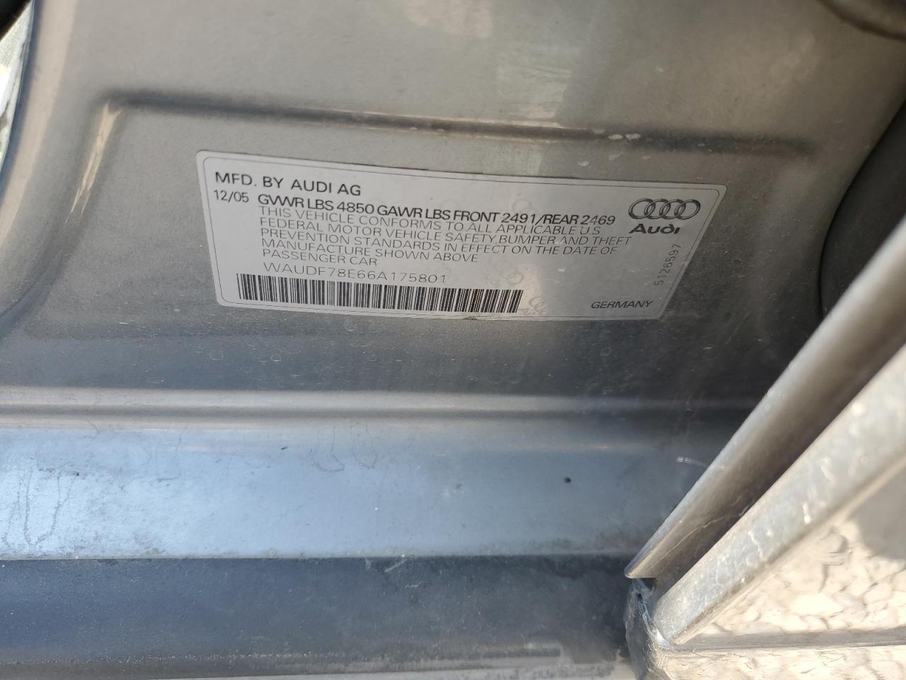 2006 Audi A4 2.0T Quattro VIN: WAUDF78E66A175801 Lot: 64799024