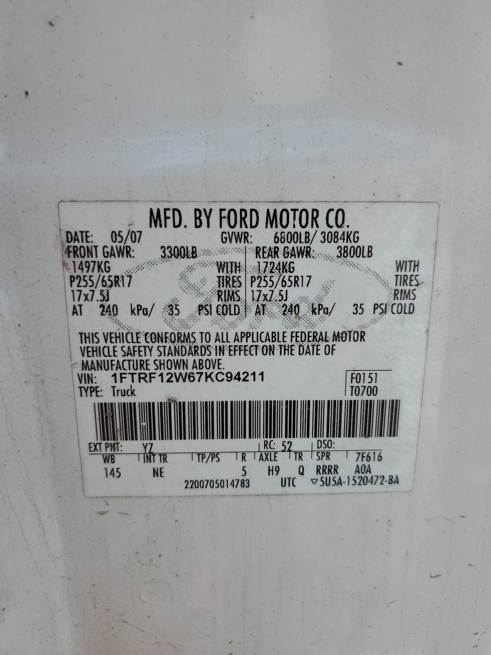 1FTRF12W67KC94211 2007 Ford F150