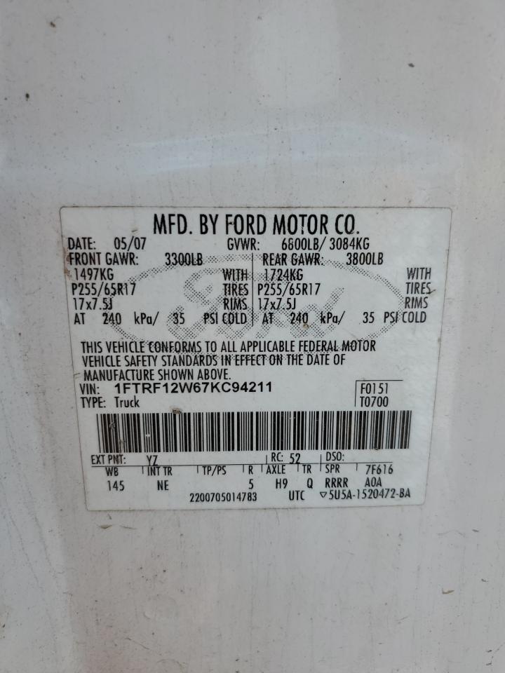 2007 Ford F150 VIN: 1FTRF12W67KC94211 Lot: 63645044