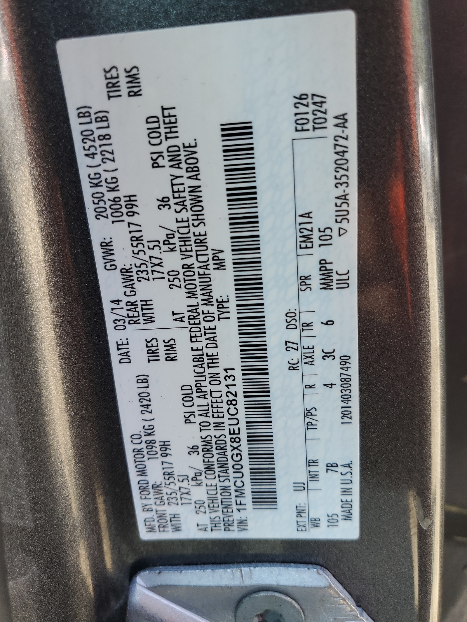 1FMCU0GX8EUC82131 2014 Ford Escape Se