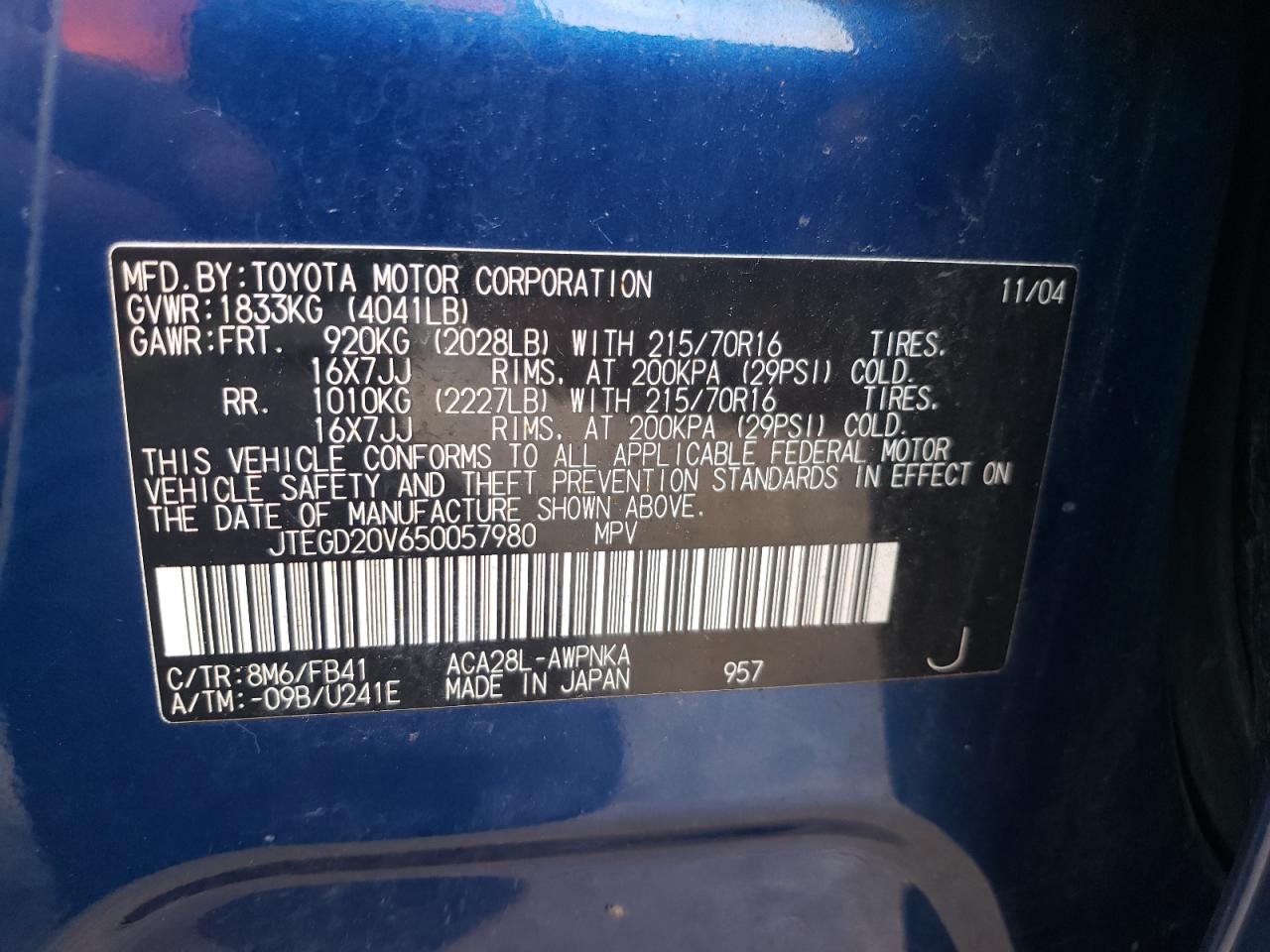 2005 Toyota Rav4 VIN: JTEGD20V650057980 Lot: 64358524