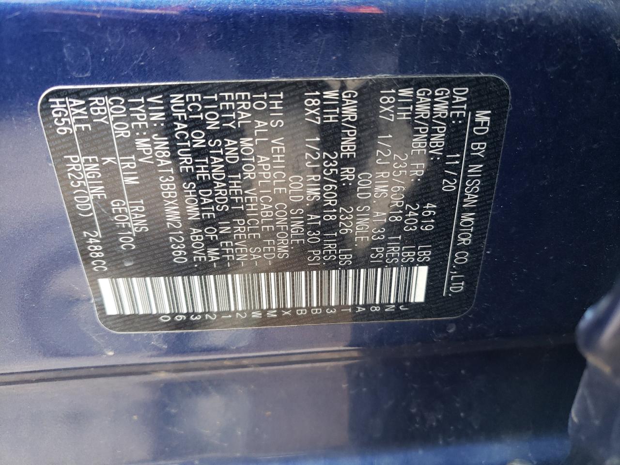 2021 Nissan Rogue Sv VIN: JN8AT3BBXMW212360 Lot: 64484924