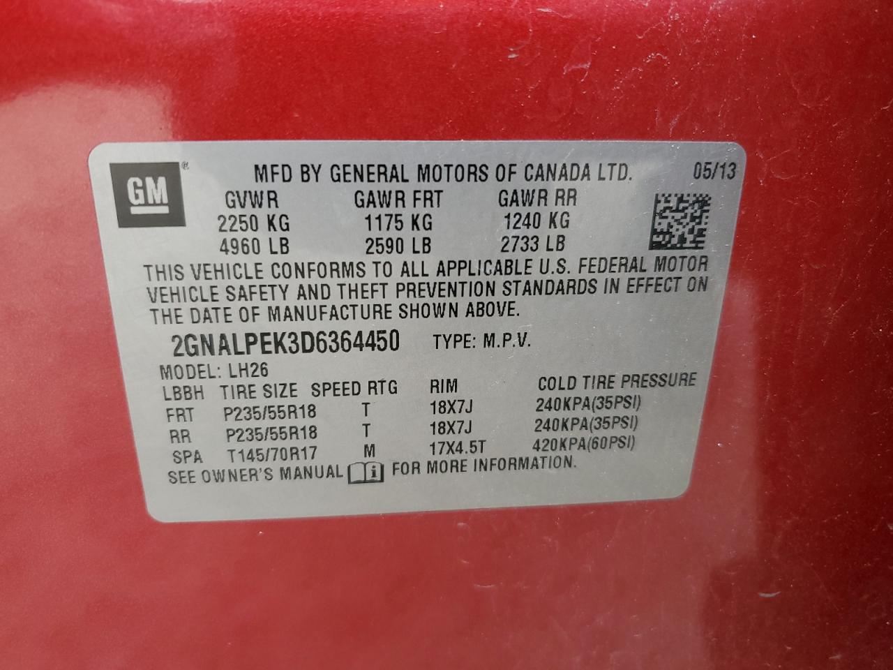 2013 Chevrolet Equinox Lt VIN: 2GNALPEK3D6364450 Lot: 61885164