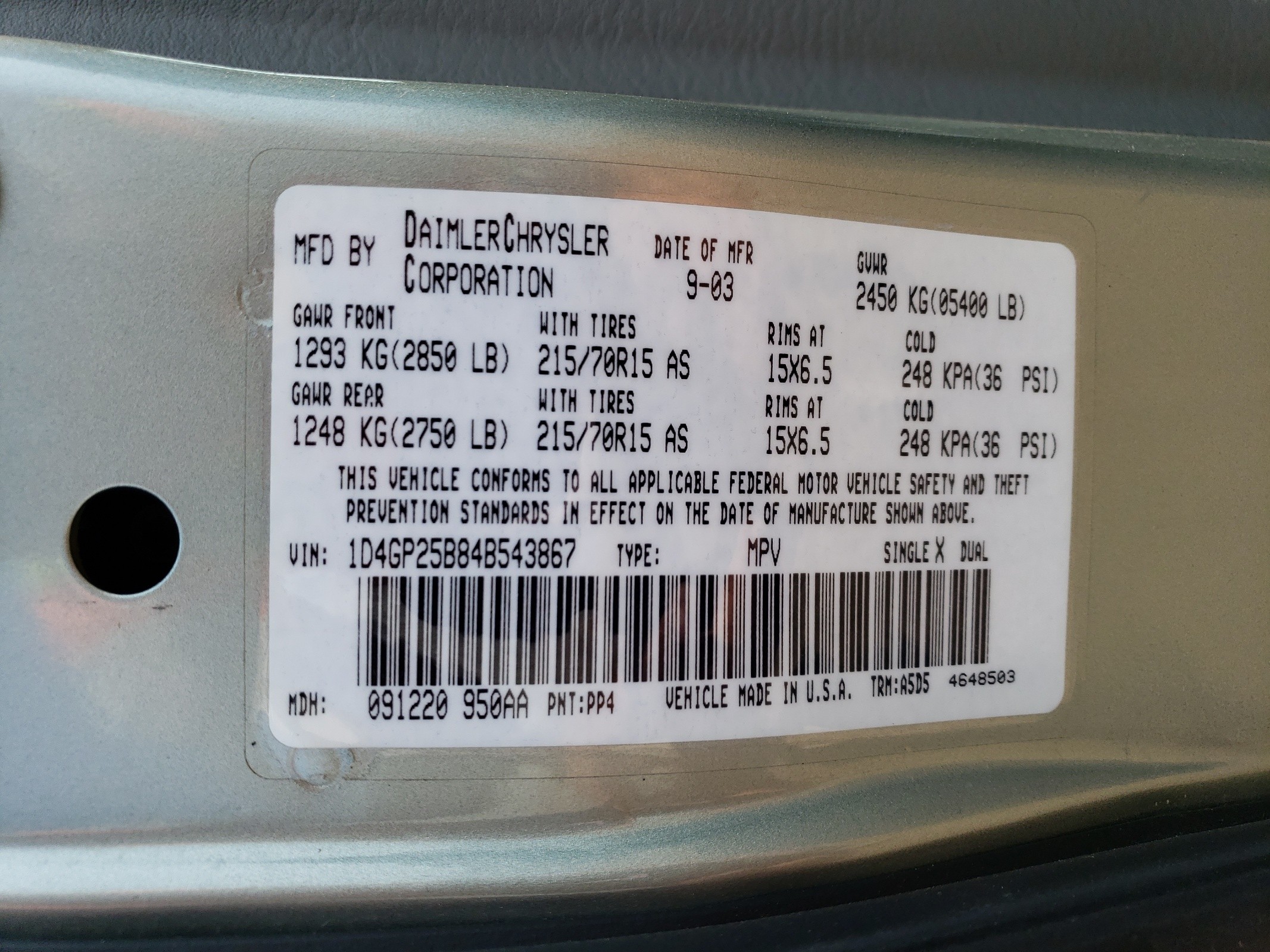 1D4GP25B84B543867 2004 Dodge Caravan Se