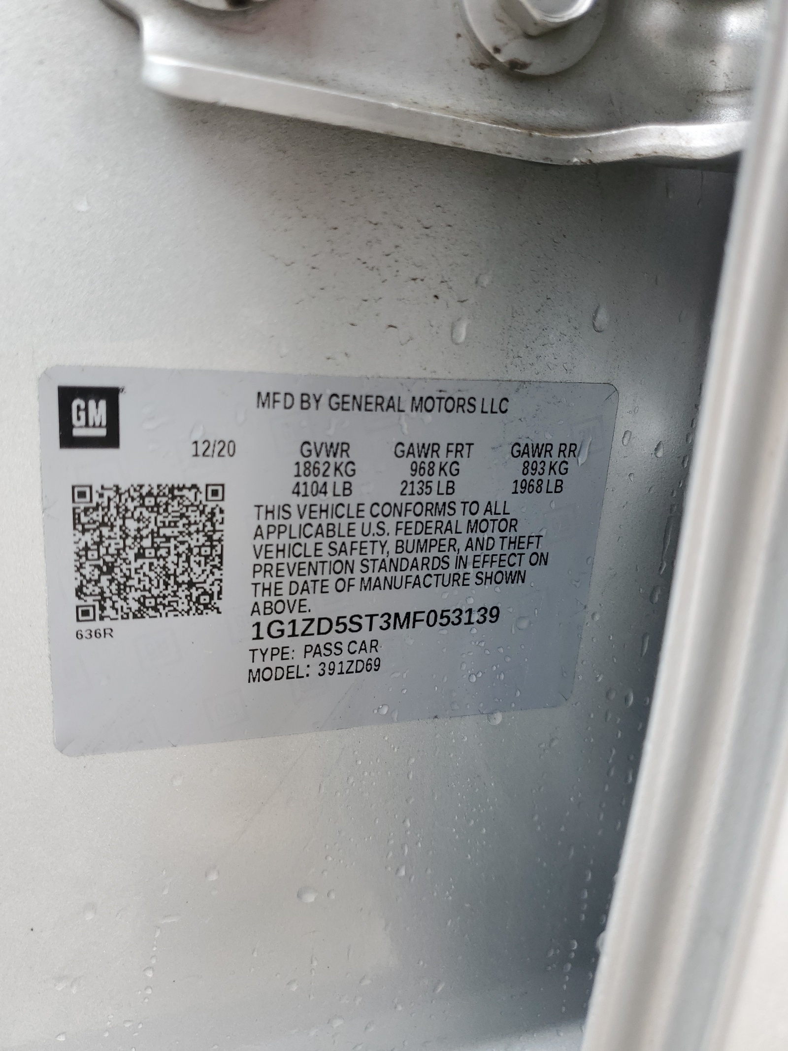 1G1ZD5ST3MF053139 2021 Chevrolet Malibu Lt