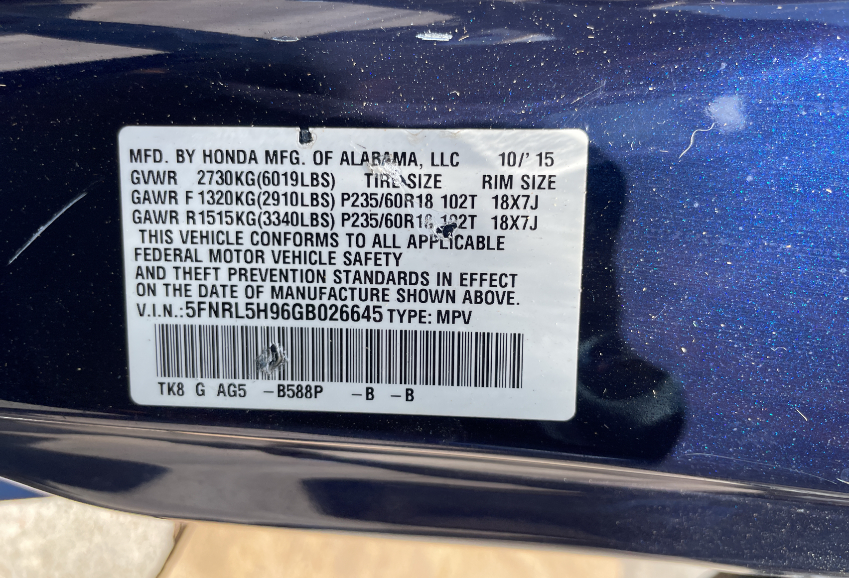 5FNRL5H96GB026645 2016 Honda Odyssey Touring