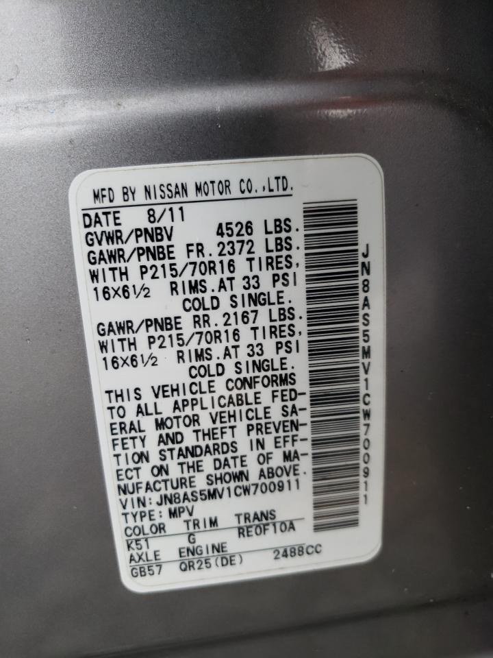 2012 Nissan Rogue S VIN: JN8AS5MV1CW700911 Lot: 64364964