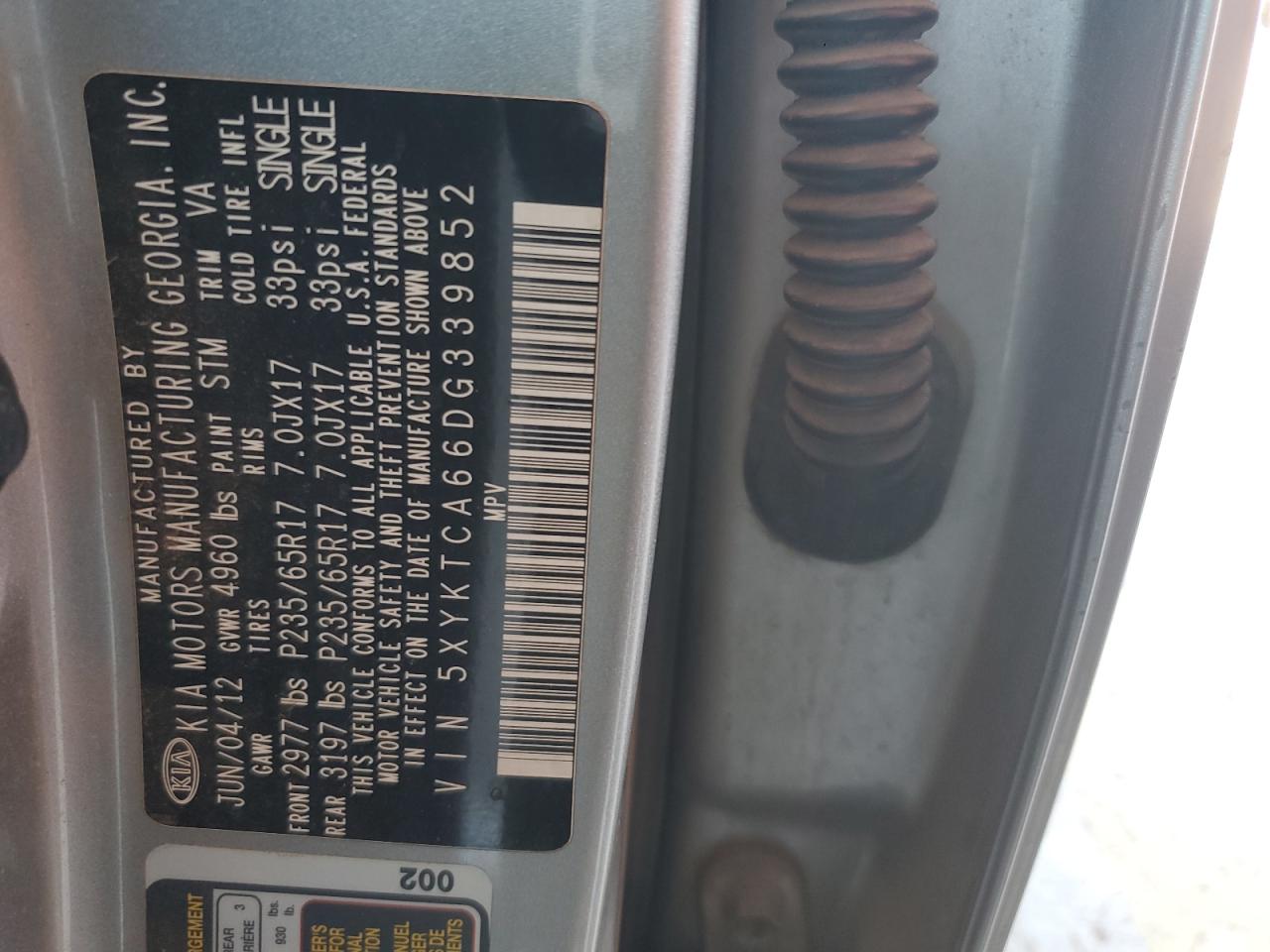 2013 Kia Sorento Lx VIN: 5XYKTCA66DG339852 Lot: 59553594