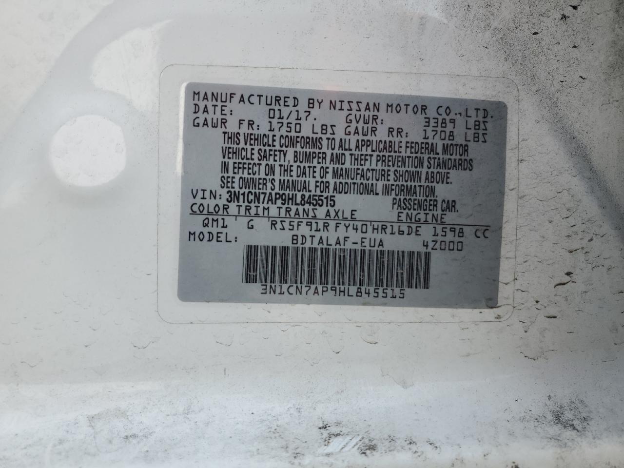 3N1CN7AP9HL845515 2017 Nissan Versa S