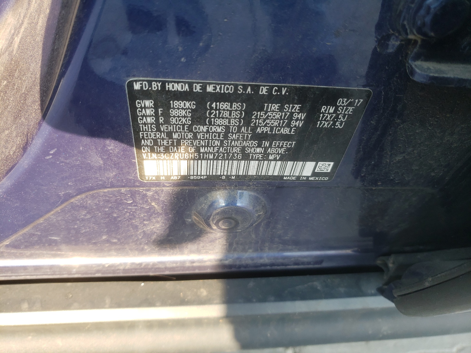 3CZRU6H51HM721736 2017 Honda Hr-V Ex