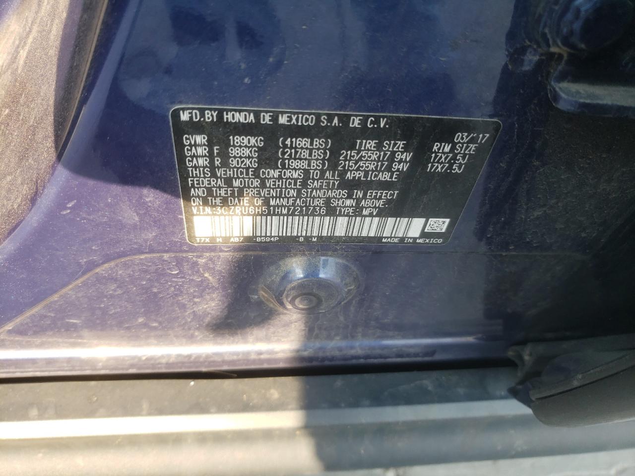 2017 Honda Hr-V Ex VIN: 3CZRU6H51HM721736 Lot: 65478454