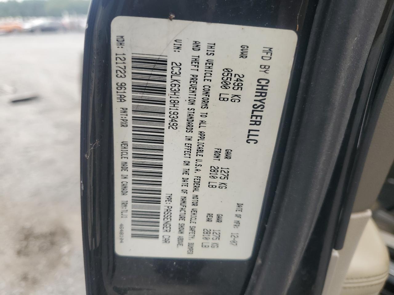 2008 Chrysler 300C VIN: 2C3LK63H18H193492 Lot: 62556514