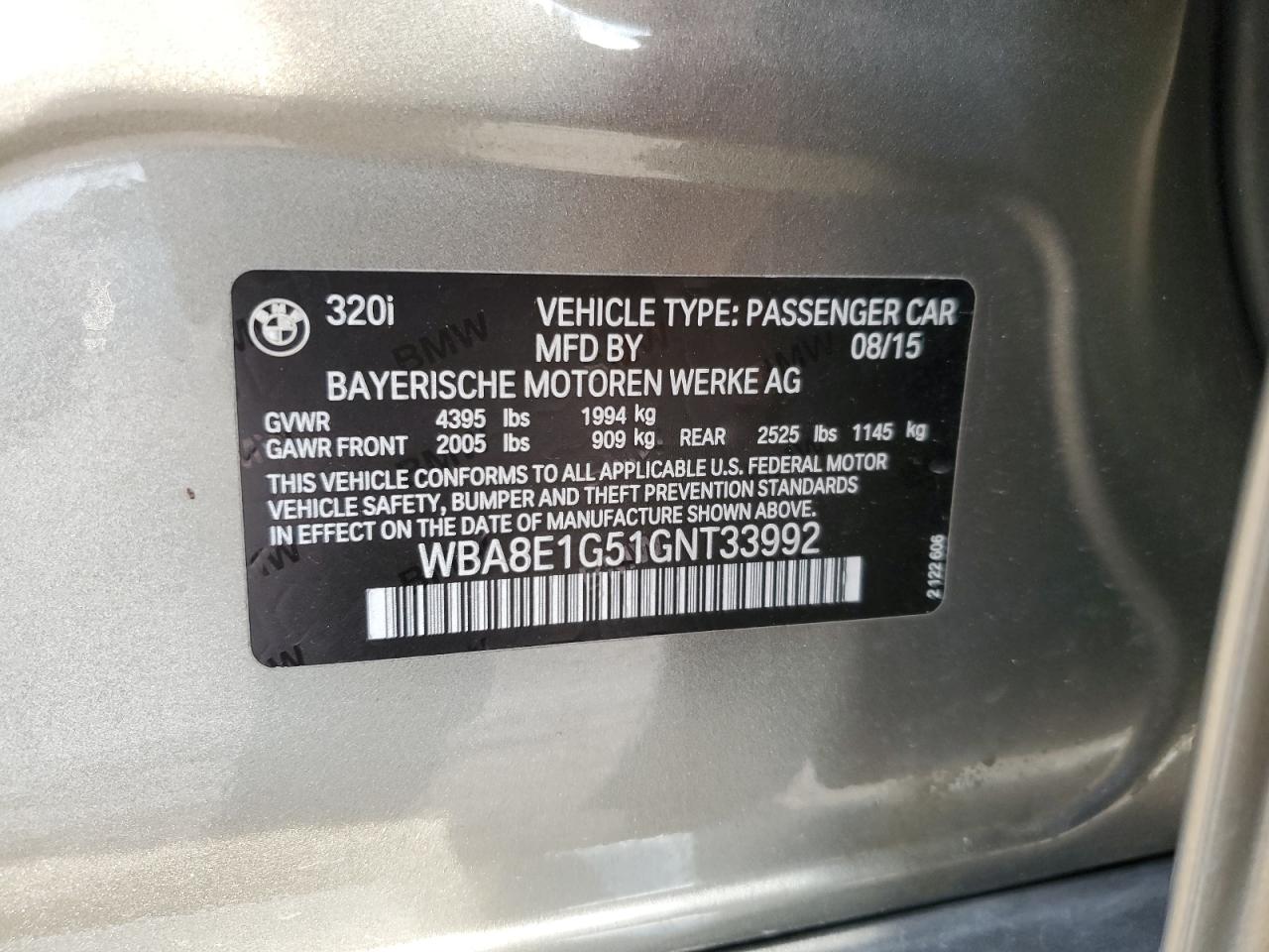 2016 BMW 320 I VIN: WBA8E1G51GNT33992 Lot: 63143314