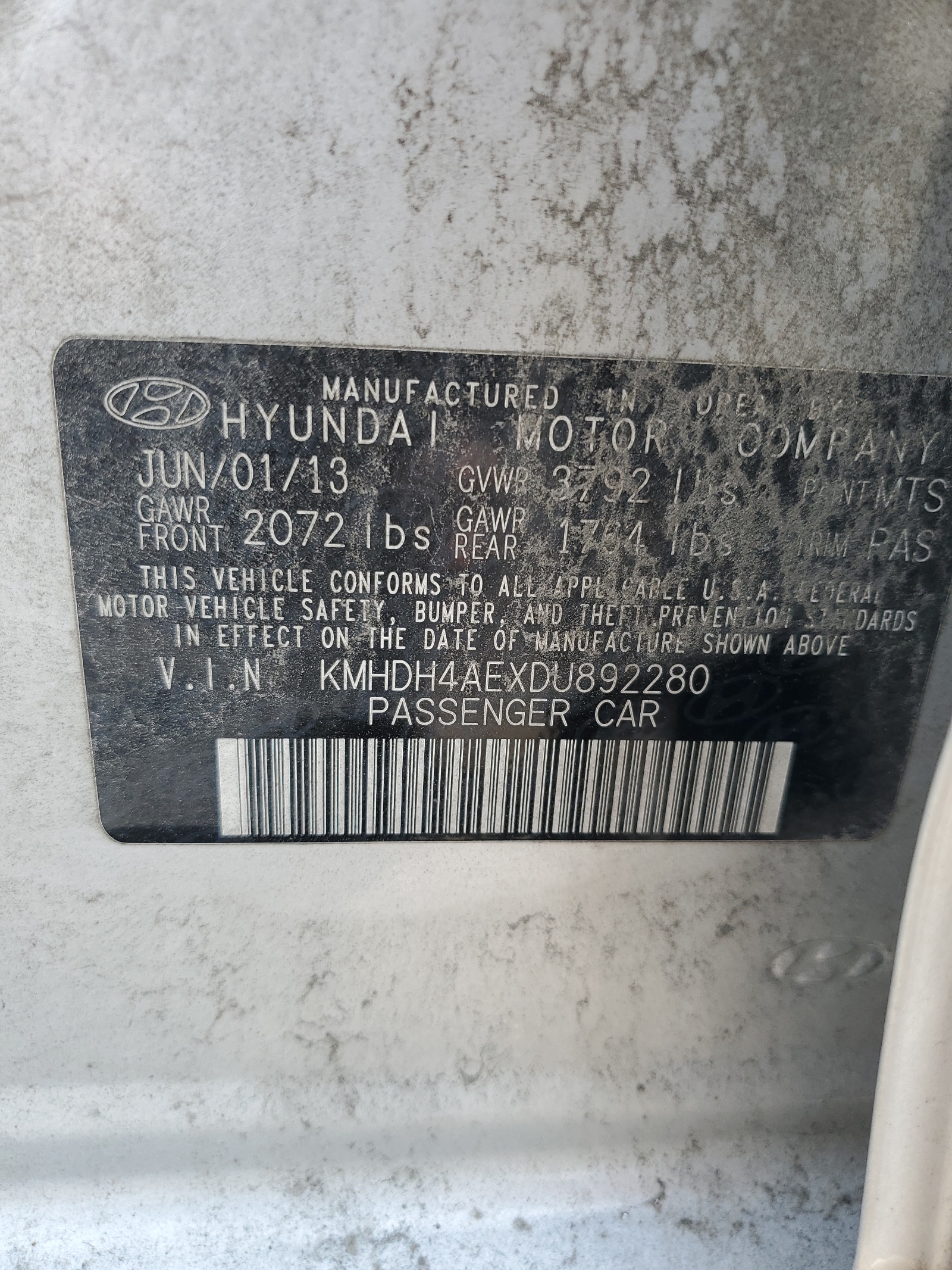 KMHDH4AEXDU892280 2013 Hyundai Elantra Gls