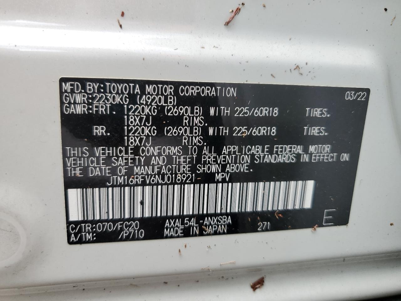 2022 Toyota Rav4 Se VIN: JTM16RFV6NJ018921 Lot: 63151634