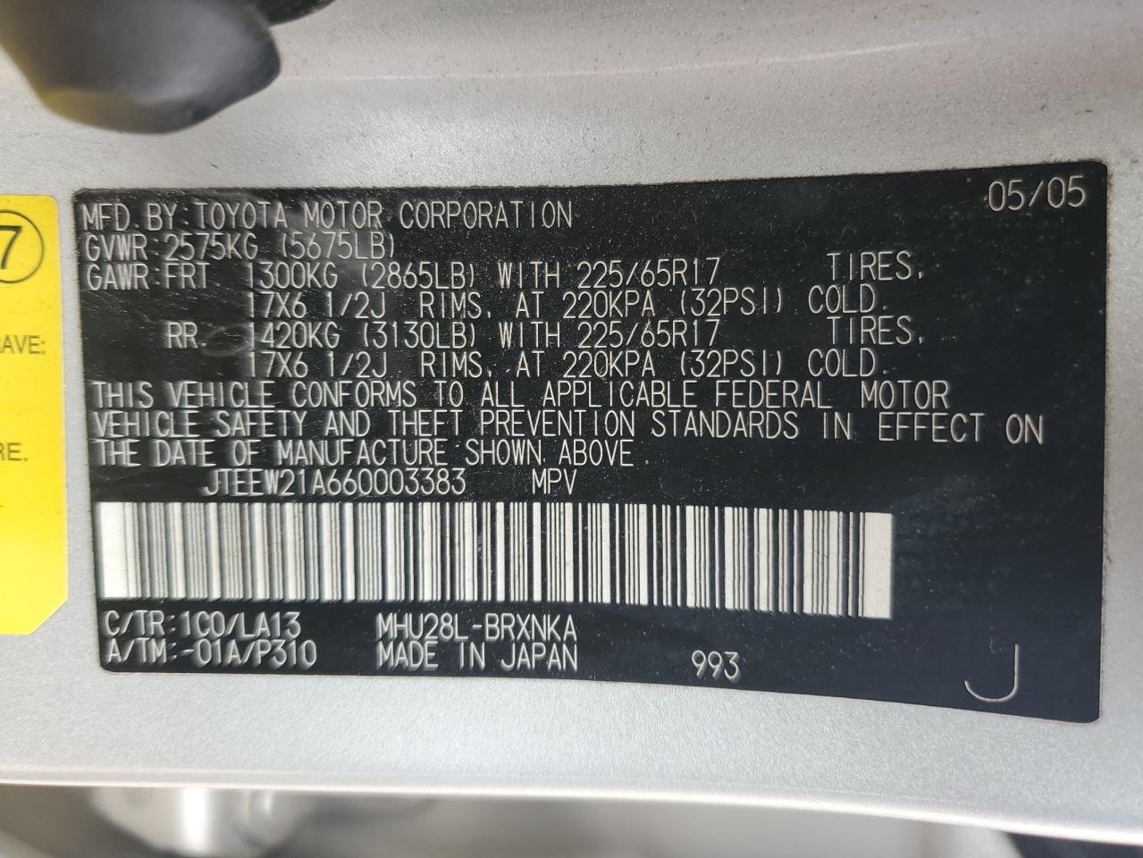 2006 Toyota Highlander Hybrid VIN: JTEEW21A660003383 Lot: 62837034