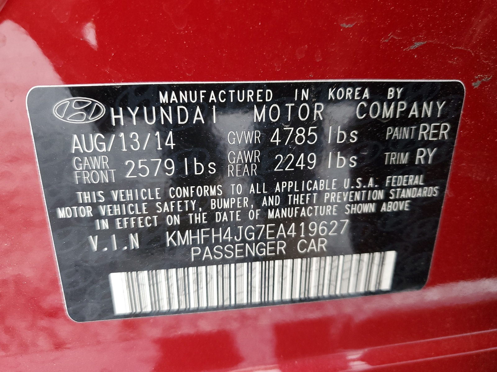 KMHFH4JG7EA419627 2014 Hyundai Azera Gls